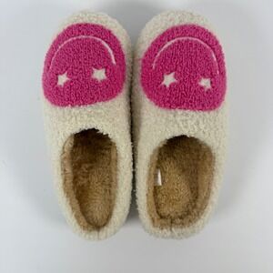 Smiley Face Star Eyes Sherpa Slippers Cream Pink Faux Fur House Shoes Medium 7-8